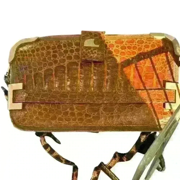 Vintage Brown Crocodile‎ Leather Envelope Handbag Clutch Crossbody Hand Strap - Picture 5 of 16